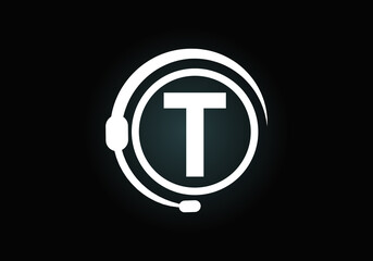 Initial T monogram letter alphabet and support service with headphones. Headphone logo. Hotline customer advice, call center help. Modern vector logo for business and company identity.