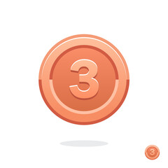 First place. Second place. Third place. Golden medal. Coin icon. Vector money symbol. Bank payment symbol. Golden coin. Achievement badge. Reward badge. Tokens with numbers. 1st, 2nd, 3rd places award