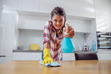 Diligent housewife rubbing kitchen table with detergent and spraying it towards camera.