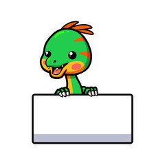 Cute little oviraptor dinosaur cartoon with blank sign