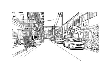Building view with landmark of Hat Yai is the 
city in Thailand. Hand drawn sketch illustration in vector.