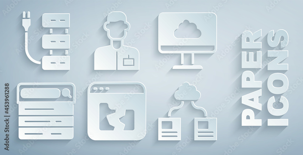 Poster set broken file, cloud technology data transfer, search engine, analyst engineer and server icon. ve