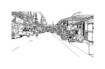 Building view with landmark of Hat Yai is the 
city in Thailand. Hand drawn sketch illustration in vector.