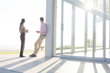 Business people talking outside office