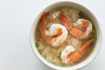 Top view of thai rice porridge with shrimp