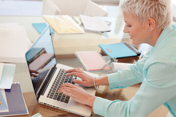 Businesswoman using laptop at desk