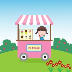 Naklejka premium Cute Girl Sell Ice Cream on Cart Shop