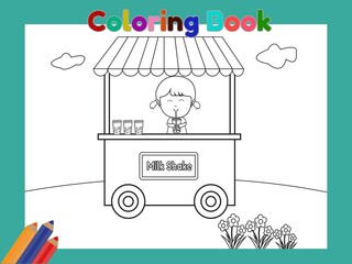 Cute Girl Sell Milk Shake Coloring book Illustration Vector.