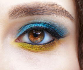 Human female eye with blue smoky eyes shadows and yellow liner.
