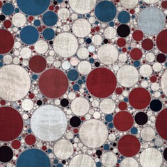 Seamless pattern of red white and blue circles packed tightly into sophisticated print. High quality illustration. Classy polka dot globe motif graphic design. Stylish elegant geometric orb material