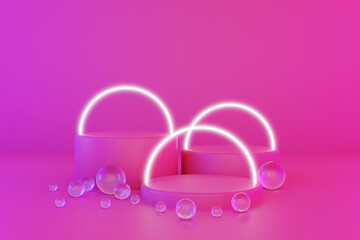 Pastel pink minimal three 3d background with neon effect. Poster design with studio podium platform, glass balls and glowing spheres. Abstract 3d render. 