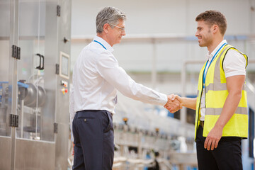 Supervisor and worker shaking hands in factory