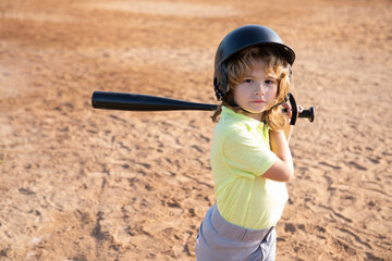 Boy kid posing with a baseball bat. Portrait of child playing baseball.