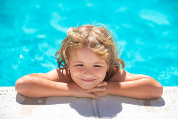 Fototapeta na wymiar Child in summer swimming pool. Kid relax outdoors. Summer vacation and healthy lifestyle concept.