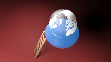 Planet Earth on blue flying platform and a wooden ladder to reach it - 3D rendering illustration
