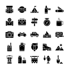 Set of Hiking Camping icons with glyph style.