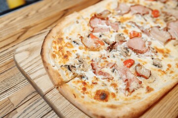 Pizza on wooden table top view. Fast food. Post blog social media. with copy space. Pizza ready to eat