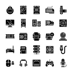 Set of Computer and Hardware icons with glyph style.