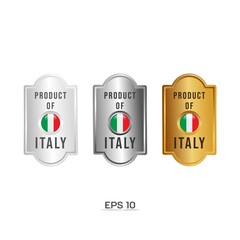 Made in Italy Label, Stamp, Badge, or Logo. With The National Flag of Italy. On platinum, gold, and silver colors. Premium and Luxury Emblem