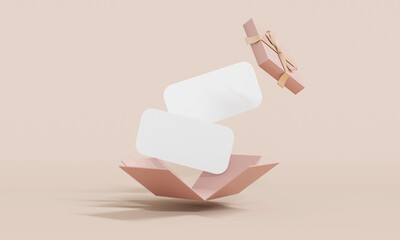 3D Rendering of gift box explosion show blank paper vouchers inside on background for commercial design. 3D Render. 3D illustration.