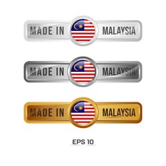 Made in Malaysia Label, Stamp, Badge, or Logo. With The National Flag of Malaysia. On platinum, gold, and silver colors. Premium and Luxury Emblem
