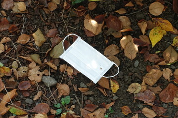 落とし物、枯葉の上の不織布マスク～COVID-19の秋
