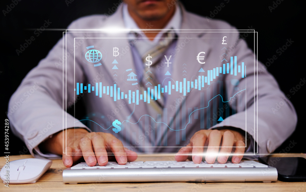 Poster businessman working computer virtual screening with analysing banking and investment growth graph to
