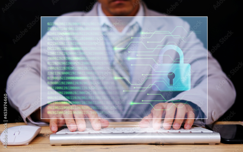 Poster businessman working computer virtual screening with cyber security and data protection, padlock prot