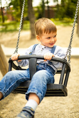 Smiling boy riding on swing at amusement forest park or childish playground having positive emotion