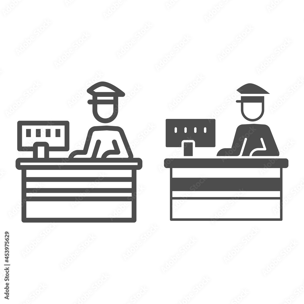 Poster customs officer at reception line and solid icon, security check concept, border protection vector s