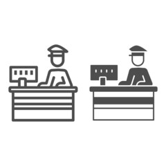 Customs officer at reception line and solid icon, security check concept, border protection vector sign on white background, outline style icon for mobile concept and web design. Vector graphics.