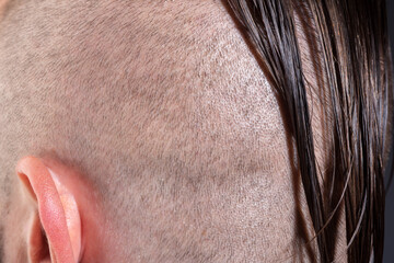Short hair texture background closeup. Hairstylist bold head. Barbershop concept. Man barber hairstylist.