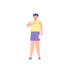 illustration of a man shaking off his shirt because it's hot and sweaty. tired and hot. tired from exercising. after thirst activity. cooling the body. flat cartoon style. vector design