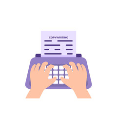 concept of copywriter, writer, journalist, blogger. illustration of a hand typing on a typewriter or using a typewriter. copywriting. content creators. jobs and professions. flat cartoon style. vector