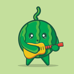 Cute watermelon mascot playing guitar isolated cartoon vector illustration in flat style