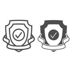 Shield, checkmark, ribbon, protection line and solid icon, security concept, safety control vector sign on white background, outline style icon for mobile concept and web design. Vector graphics.