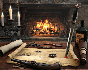 Quest for treasure. Background of a pirate captains quarters with a plotted map leading to treasure. 3d rendering
