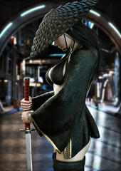 Mysterious female warrior posing ready with a Katana sword. Blurred neon city streets in the background .3d rendering © Digital Storm