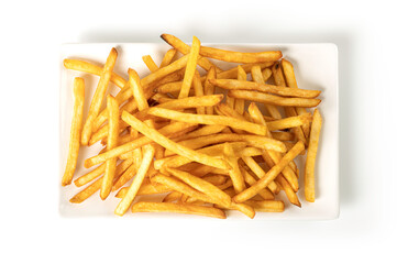 French fries in white square plate on white background