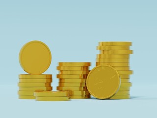 Realistic stacks of golden coins. 3d illustration gold coins in blue color design.