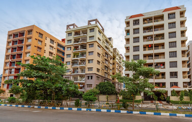 Residential apartment buildings with city road at New Town Kolkata, India