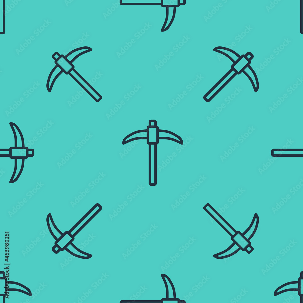 Poster black line pickaxe icon isolated seamless pattern on green background. vector
