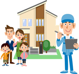 住宅の前に立つ家族と、書類とペンを持つ作業着の男性
