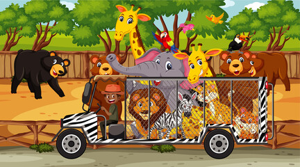 Safari scene with wild animals in the cage car