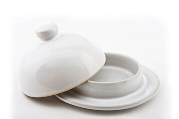 Cheese dome with lid for, ceramic container for cheese, cheese maker, isolated on white background