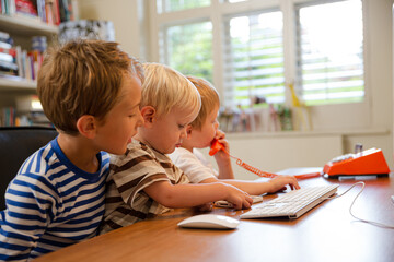 Boys working in home office