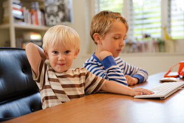 Boys working in home office