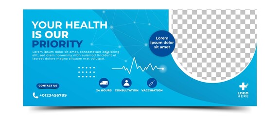Medical health care horizontal banner cover header design. Modern banner with blue color background and place for the photo.