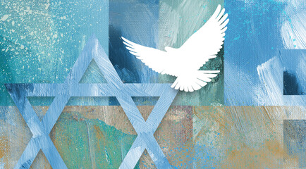 Graphic abstract Star of David  brushstroke background with dove - obrazy, fototapety, plakaty