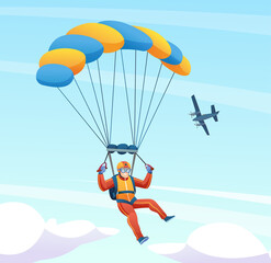 Parachute skydiver with plane in the sky illustration
